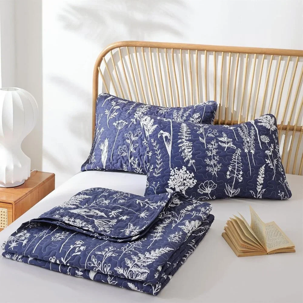 New Quilts Queen Size Navy Blue Floral Queen Quilt Bedding Set Microfiber Boho